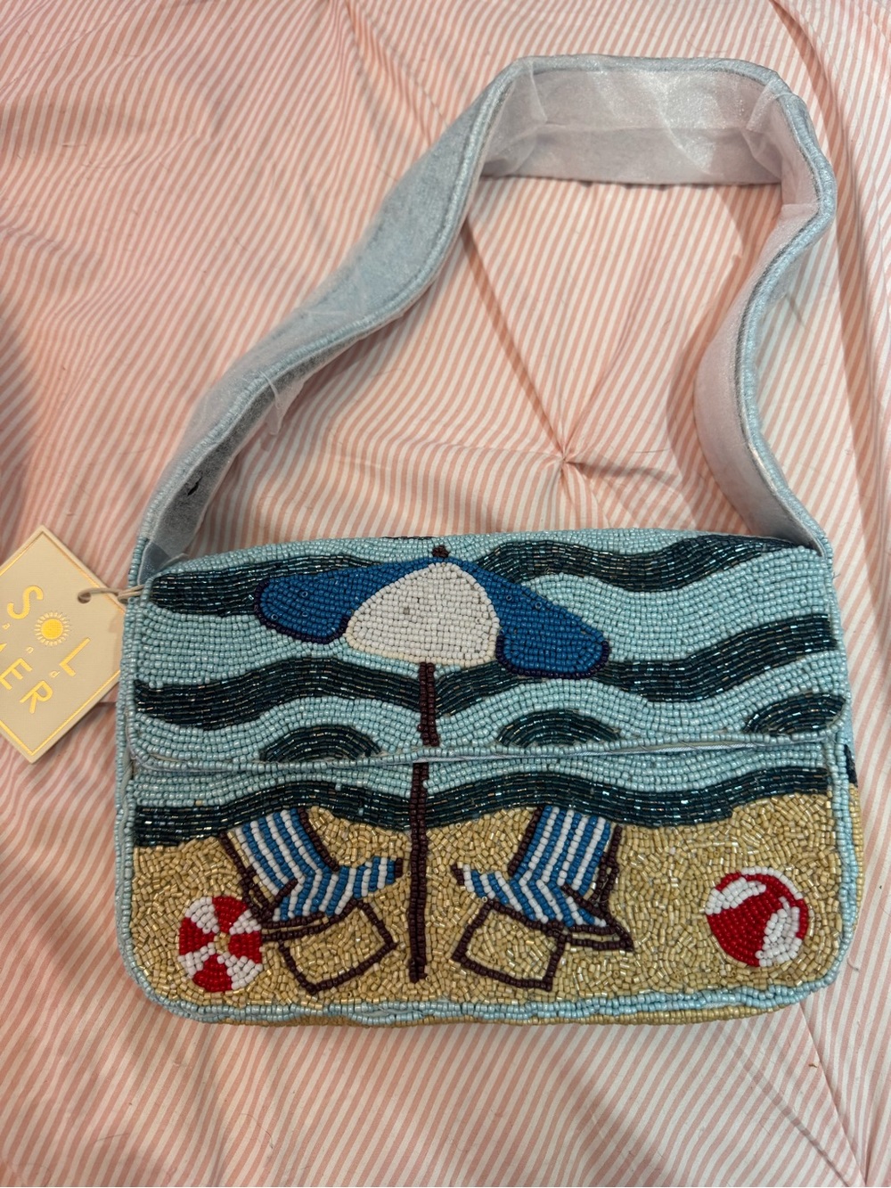 Beaded Beach Scene Shoulder Bag in Light Blue